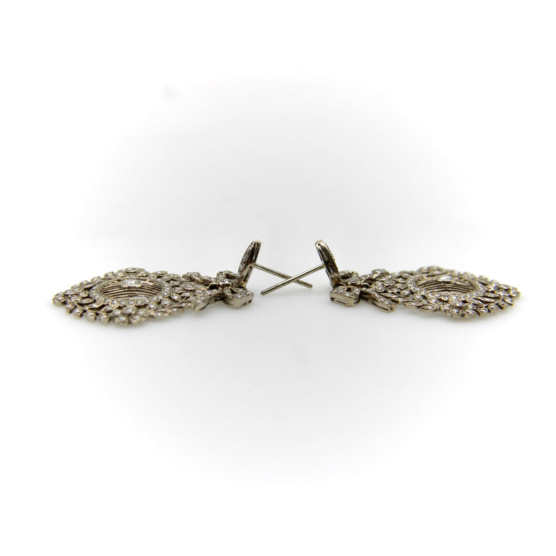 Edwardian 18K White Gold Pave Diamond Earrings with Bows and Floral Medallions Earrings Kirsten's Corner 