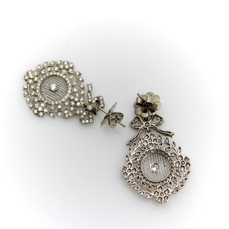 Edwardian 18K White Gold Pave Diamond Earrings with Bows and Floral Medallions Earrings Kirsten's Corner 
