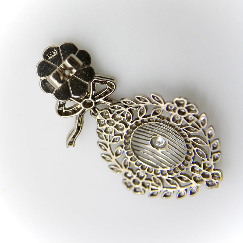 Edwardian 18K White Gold Pave Diamond Earrings with Bows and Floral Medallions Earrings Kirsten's Corner 