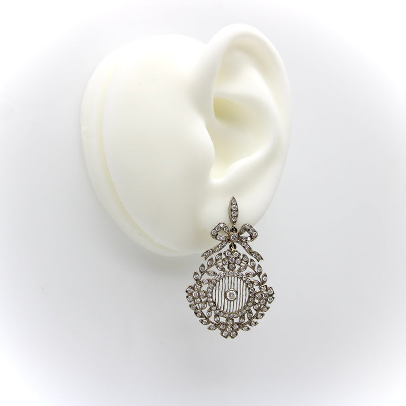 Edwardian 18K White Gold Pave Diamond Earrings with Bows and Floral Medallions Earrings Kirsten's Corner 