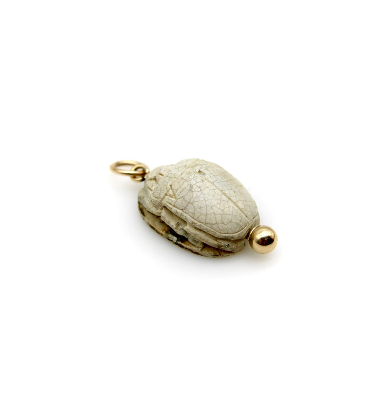 Egyptian Revival Beige Faience Scarab Pendant with 14K Gold Mount pendant, Charm Kirsten's Corner 