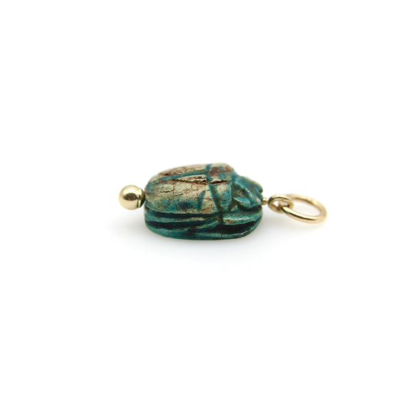 Egyptian Revival Faience Turquoise and Brown Scarab Pendant with 14K Gold Mount pendant, Charm Kirsten's Corner 