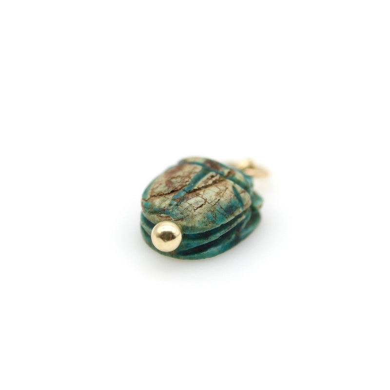 Egyptian Revival Faience Turquoise and Brown Scarab Pendant with 14K Gold Mount pendant, Charm Kirsten's Corner 