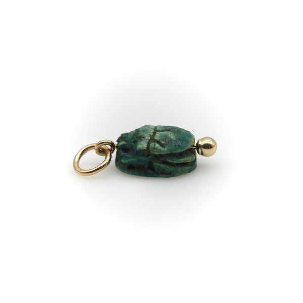 Egyptian Revival Small Turquoise Faience Scarab Pendant with 14K Gold Mount pendant, Charm Kirsten's Corner 