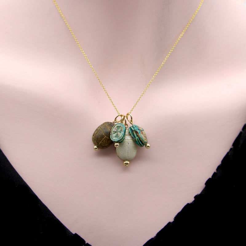 Egyptian Revival Faience Turquoise and Brown Scarab Pendant with 14K Gold Mount pendant, Charm Kirsten's Corner 