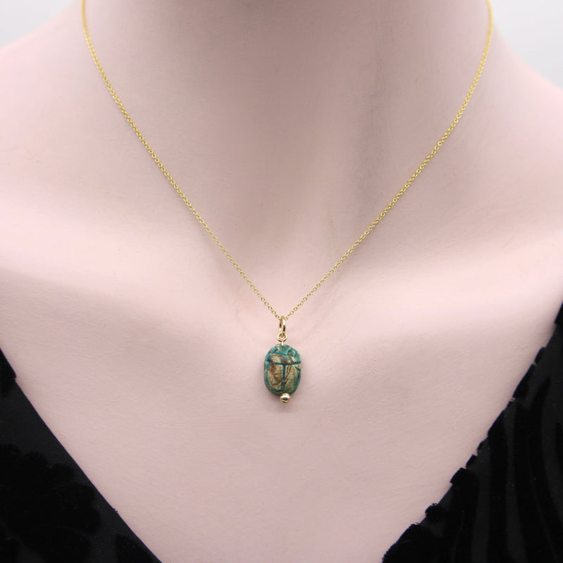 Egyptian Revival Faience Turquoise and Brown Scarab Pendant with 14K Gold Mount pendant, Charm Kirsten's Corner 