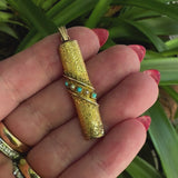 18K Gold Etruscan Revival Pendant w/ Turquoise & Pearls