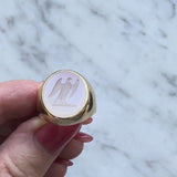 Vintage White Chalcedony Eagle Intaglio 14K Gold Signet Ring