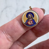 Art Deco 18K Gold Hand-Painted Enamel Sacred Heart Medallion Pendant Charm