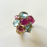 14K Gold Vintage Tutti Frutti Aquamarine Diamond and Pink Tourmaline Cocktail Ring