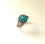 12K Gold and Sterling Silver Early Victorian Diamond Turquoise and Pearl Ring