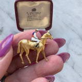 Edwardian 18k Gold Equestrian Jockey and Horse Enameled Brooch