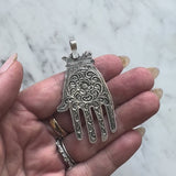 Vintage Berber Hand of Fatima/ Hamsa Sterling Silver Pendant with Central Flower Motif
