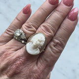Victorian High Relief Cameo of Young Maiden in 14K Gold Ring