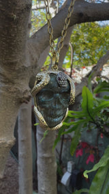 14K Gold Intertwining Snake and Carved Labradorite Skull Pendant