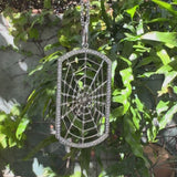 18K White Gold Dog Tag Shaped Spiderweb with Pave Diamonds on 14K Gold Chain