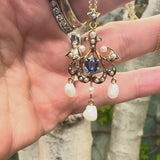 Edwardian 14K Gold Sapphire and Seed Pearl Pendant with Pearl Drops