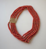 Victorian 5 Strand Coral Choker With 10K Gold Bars & Clasp