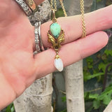 14K Gold Art Nouveau Turquoise Drop Pendant with Mississippi Pearl