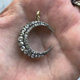 Early Victorian Silver Front 14K Gold Back Old Mine Cut Diamond Crescent Moon Pendant