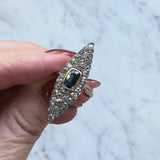 14K Gold Early Victorian Navette Ring with Pave Diamonds and Central Sapphire