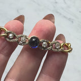 Victorian 14K Gold Curb Link Bracelet with No-Heat Sugarloaf Sapphire and Old Mine Cut Diamonds