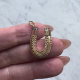 Victorian 14K Gold Intricate Woven Wirework Horseshoe Pendant with Diamonds