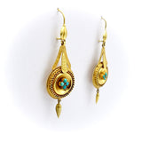 14K Gold Etruscan Revival Earrings with Turquoise Cabochons Earrings Kirsten's Corner Jewelry 