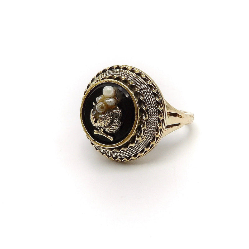 14K Etruscan Revival Mourning Ring w/ Onyx Disc & Pearl Grape Cluster Ring Kirsten's Corner Jewelry 