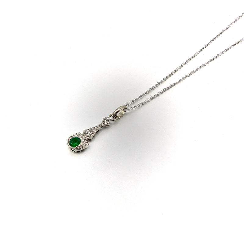 Edwardian Platinum Emerald & Diamond Pendant-Necklace Pendant Kirsten's Corner Jewelry 