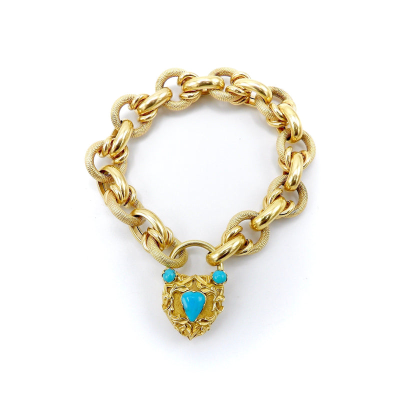 18K Gold Georgian Turquoise Heart Padlock & Bracelet Bracelet Kirsten's Corner Jewelry 