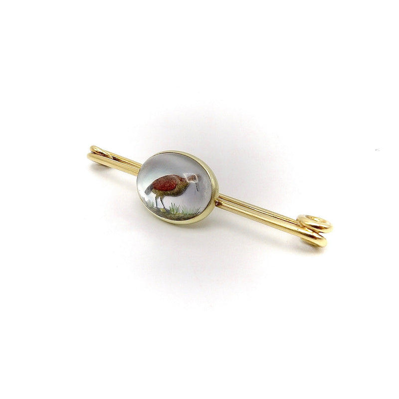 14K Gold Reverse Painted Essex Crystal of Sand Piper Pin Brooches, Pins Kirsten's Corner 