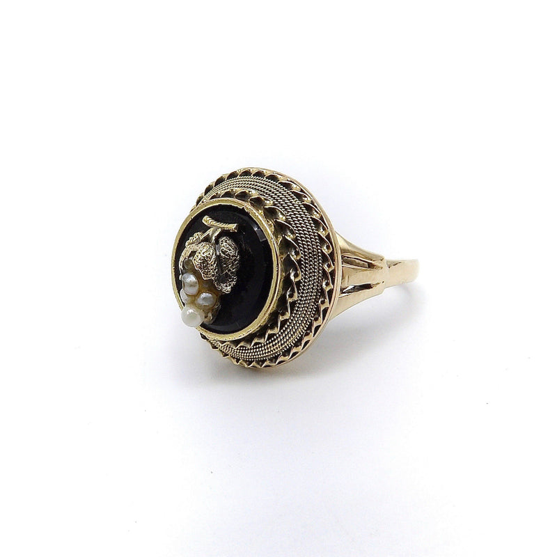 14K Etruscan Revival Mourning Ring w/ Onyx Disc & Pearl Grape Cluster Ring Kirsten's Corner Jewelry 