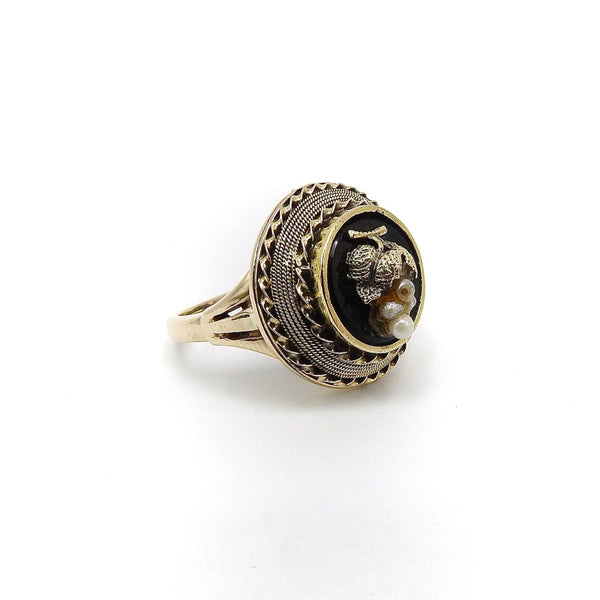 14K Etruscan Revival Mourning Ring w/ Onyx Disc & Pearl Grape Cluster Ring Kirsten's Corner Jewelry 