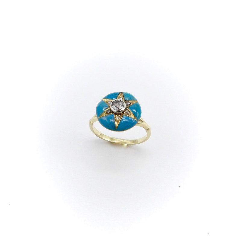Signature 14K Gold Early Victorian Diamond Star & Blue Enamel Ring Ring Kirsten's Corner Jewelry 
