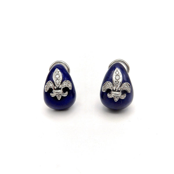 18K White Gold Hidalgo Enamel Fleur-de-lis Diamond Earrings Earrings Kirsten's Corner Jewelry 