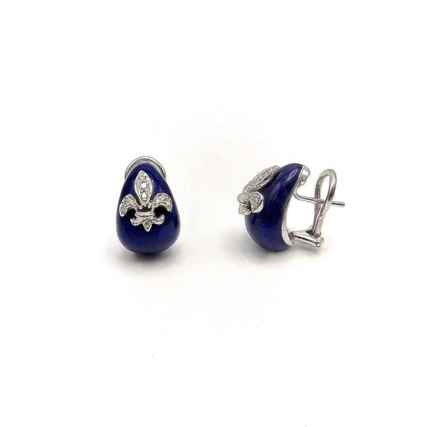 18K White Gold Hidalgo Enamel Fleur-de-lis Diamond Earrings Earrings Kirsten's Corner Jewelry 