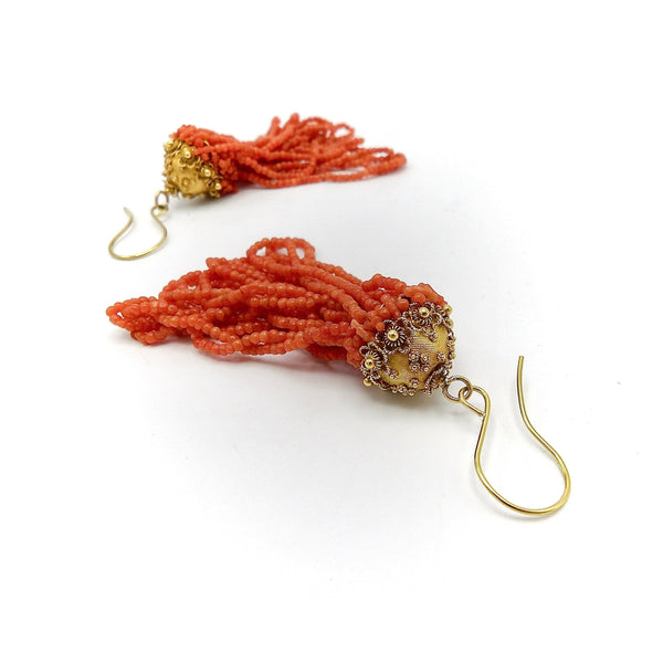 18K Gold Etruscan Revival Victorian Natural Coral Earrings Earrings Kirsten's Corner Jewelry 