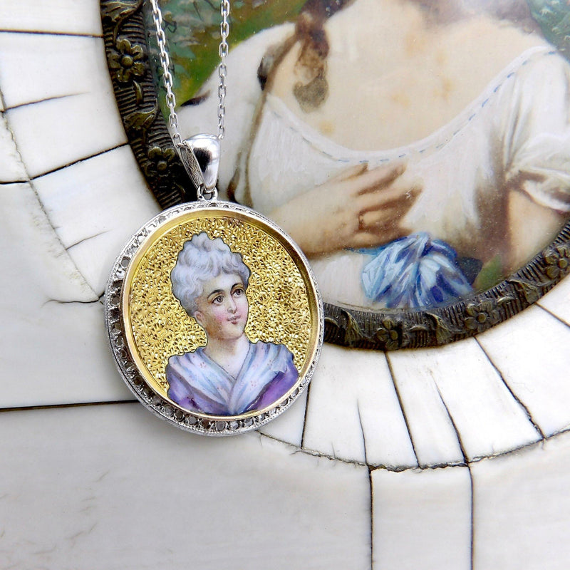 Victorian Enamel Miniature Portrait Medallion with 14K Gold Chain Charm Kirsten's Corner Jewelry 