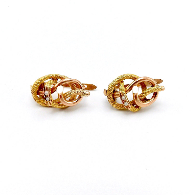 Victorian Era 14K Gold & Pearls Snake Lover's Knot Earrings Earrings Kirsten's Corner Jewelry 