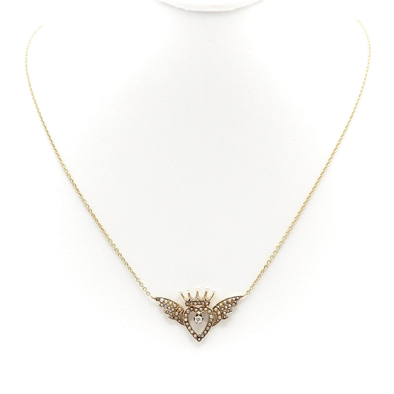 Signature Victorian 14K Gold Winged Heart and Crown Necklace with Pearls and Diamond Necklace Kirsten's Corner Jewelry 
