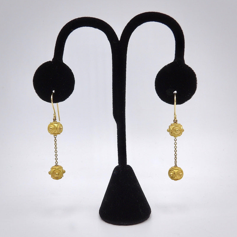 18K Gold Etruscan Revival Double Ball Dangle Earrings Earrings Kirsten's Corner Jewelry 