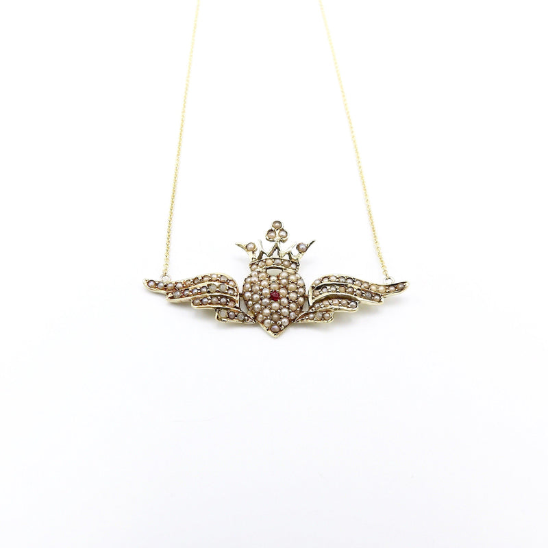 Victorian Pearl Encrusted Winged Heart with Crown Necklace in 14K Gold Necklace Kirsten's Corner Jewelry 