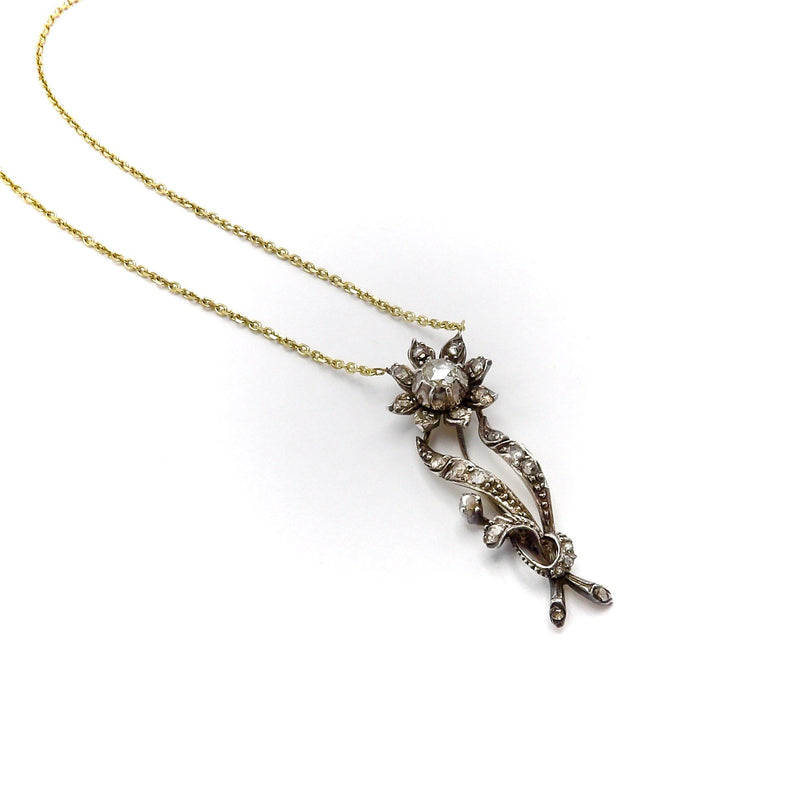 Early Victorian Rose Cut Diamond 14K Gold and Silver Flower Necklace Necklace Kirsten's Corner 