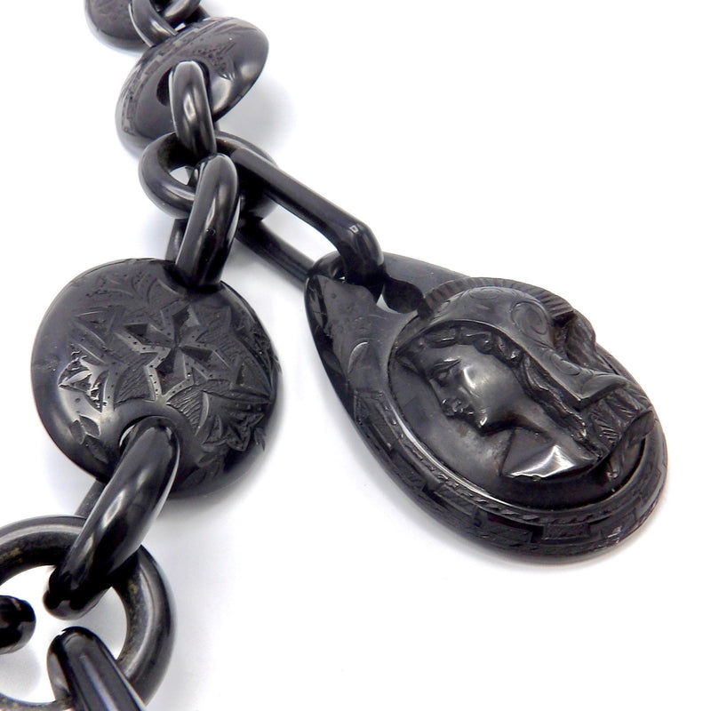 Victorian Whitby Jet Carved Warrior and Anchor Chain Mourning Necklace Necklace Kirsten's Corner 
