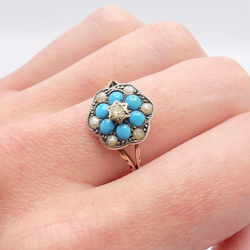 Early Victorian Diamond Turquoise and Pearl Ring RING Kirsten's Corner Jewelry 