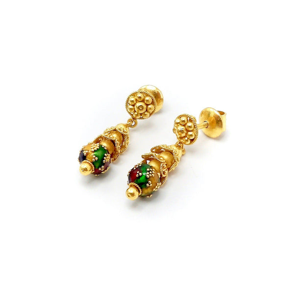 21.6K Gold Indian Cannetille Earrings with Multi Color Enamel Earrings Kirsten's Corner Jewelry 