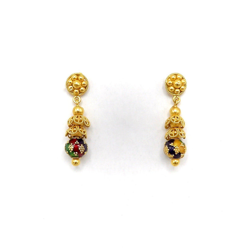 21.6K Gold Indian Cannetille Earrings with Multi Color Enamel Earrings Kirsten's Corner Jewelry 