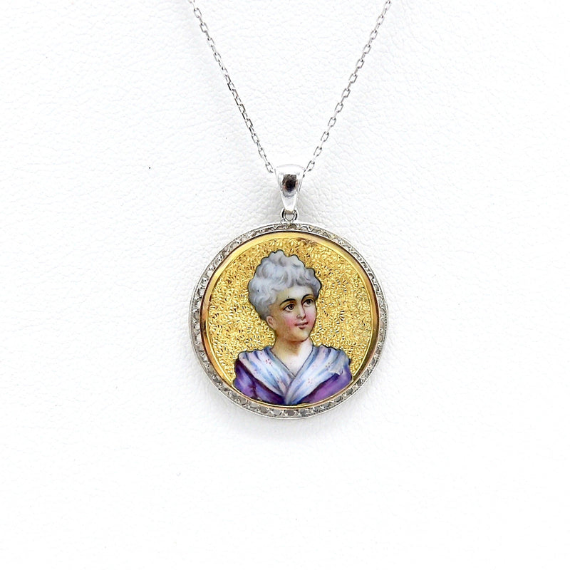 Victorian Enamel Miniature Portrait Medallion & Chain Charm Kirsten's Corner Jewelry 