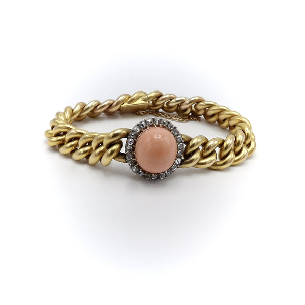 French Victorian 18K Gold Curb Link with Coral Cabochon and Diamond Halo Bracelet Kirsten's Corner 